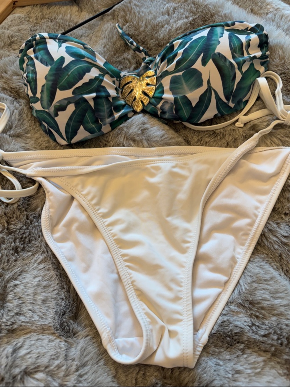 Bandeau Bikini set beautiful tropical design with embellished gold leaf
